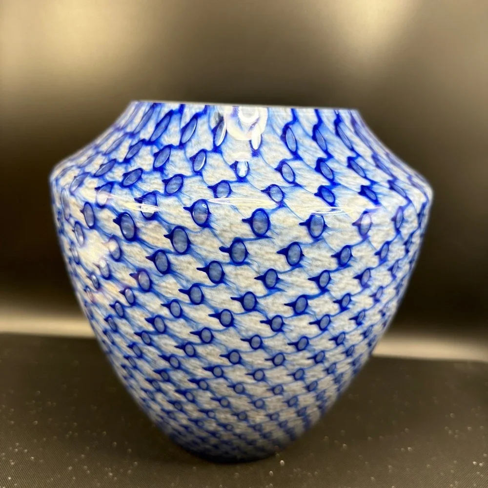 Positano Italy Blue White Art Glass Vase 9 Inch Tapered Honeycomb Pattern Vessel